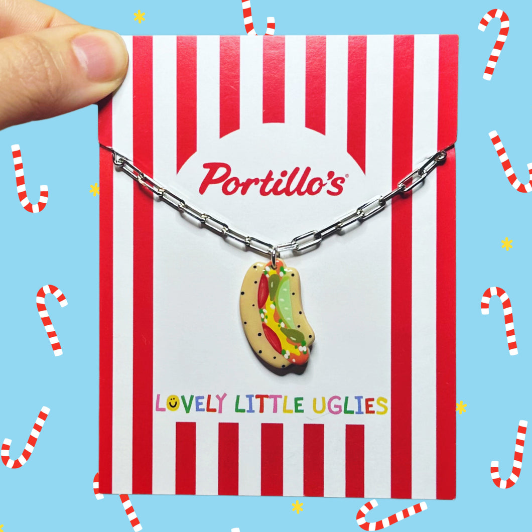 Silver Chicago Dog Charm Necklace
